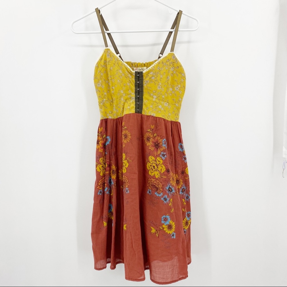 Scrapbook Yellow and Rust Floral Spaghetti Strap Dress